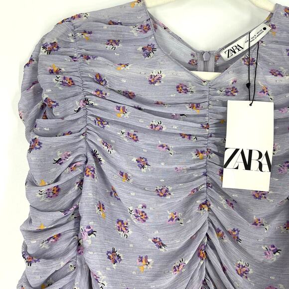 Zara Mauve Printed Ruched Blouse Purple Floral Small NWT - Picture 5 of 9